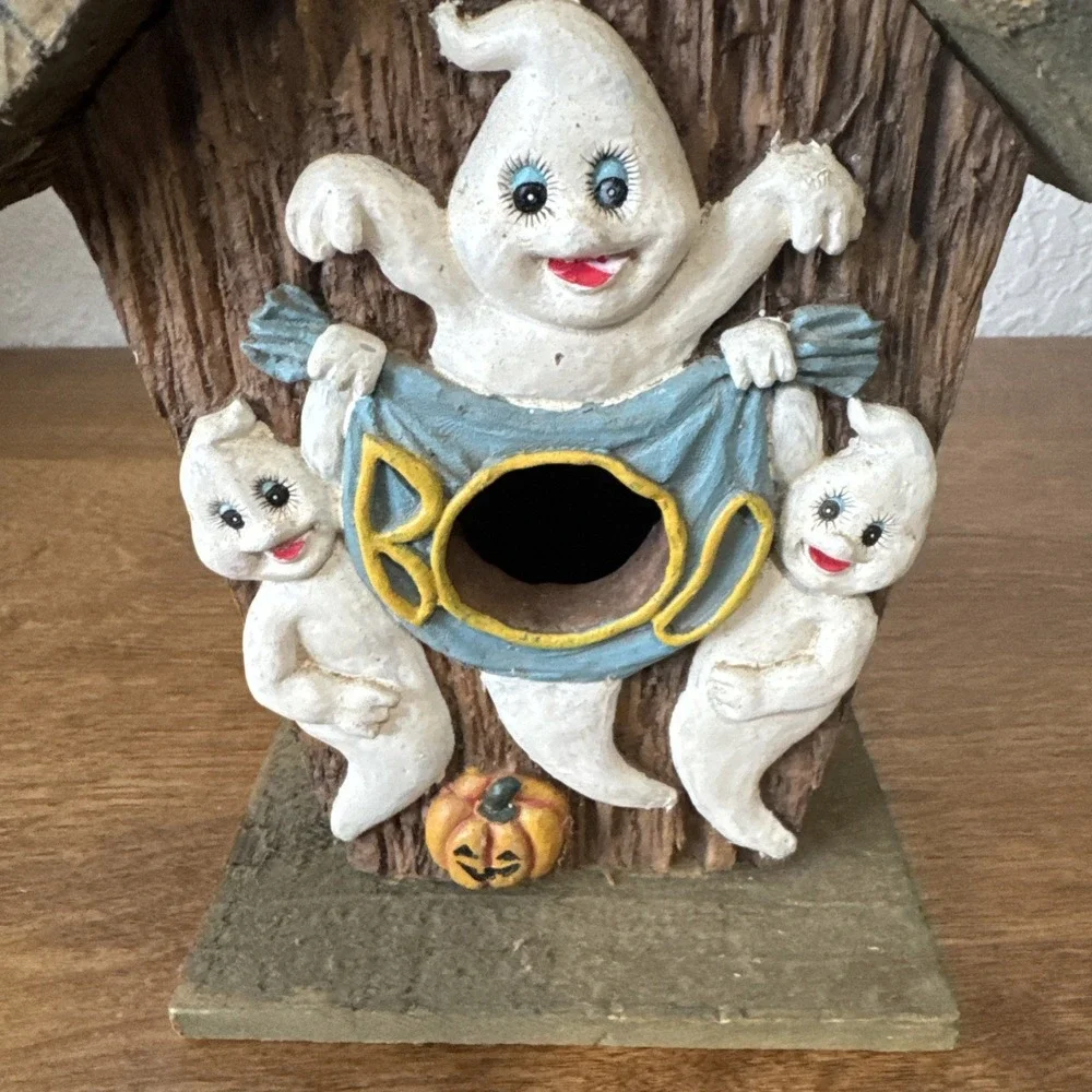 Halloween Wooden Birdhouse With Ceramic Ghost Boo